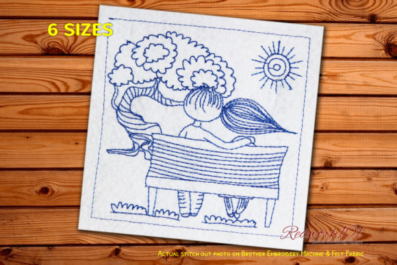 Couple Sitting on Bench Redwork: A Charming Design