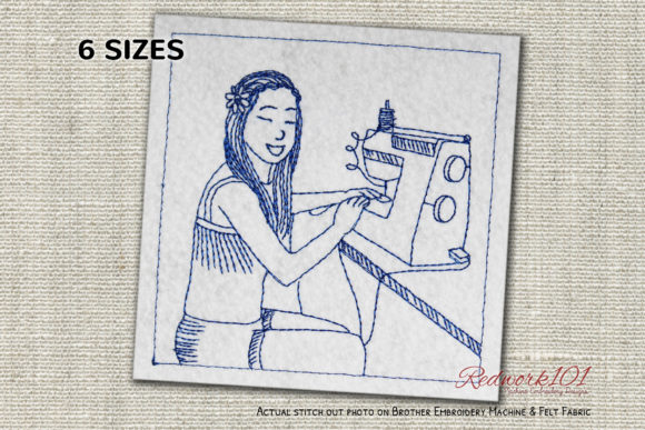 Female Doing Redwork: A Charming Embroidery Design