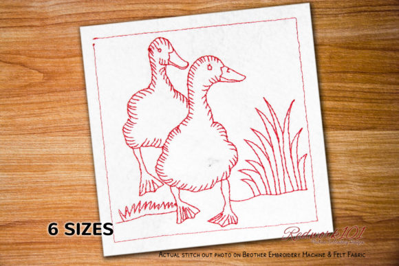 Pair of Ducks on Grass: A Charming Redwork Design